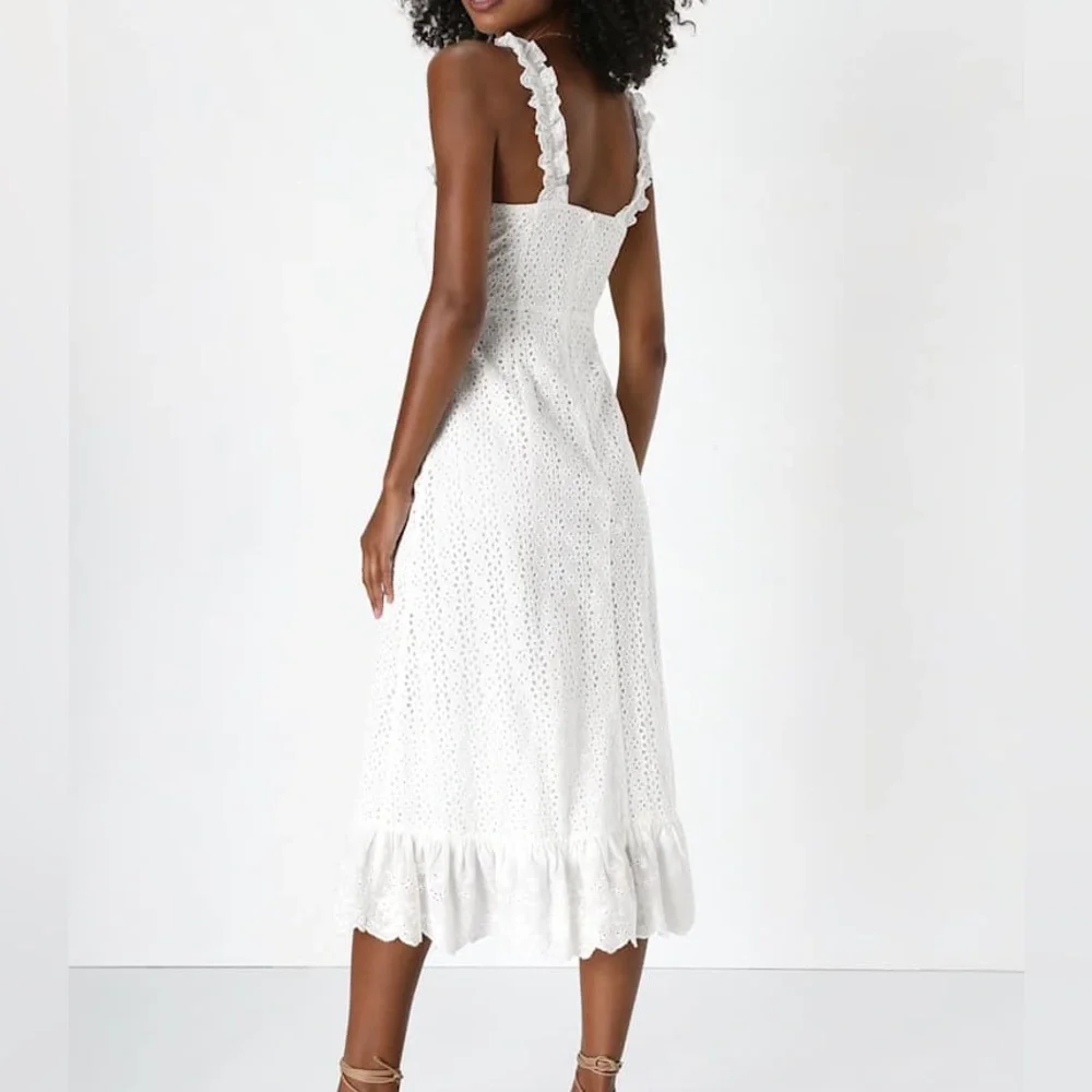 Lulu's Sincere Sweetheart White Cream Eyelet Lace Ruffled Midi Dress Size Medium - Picture 2 of 13